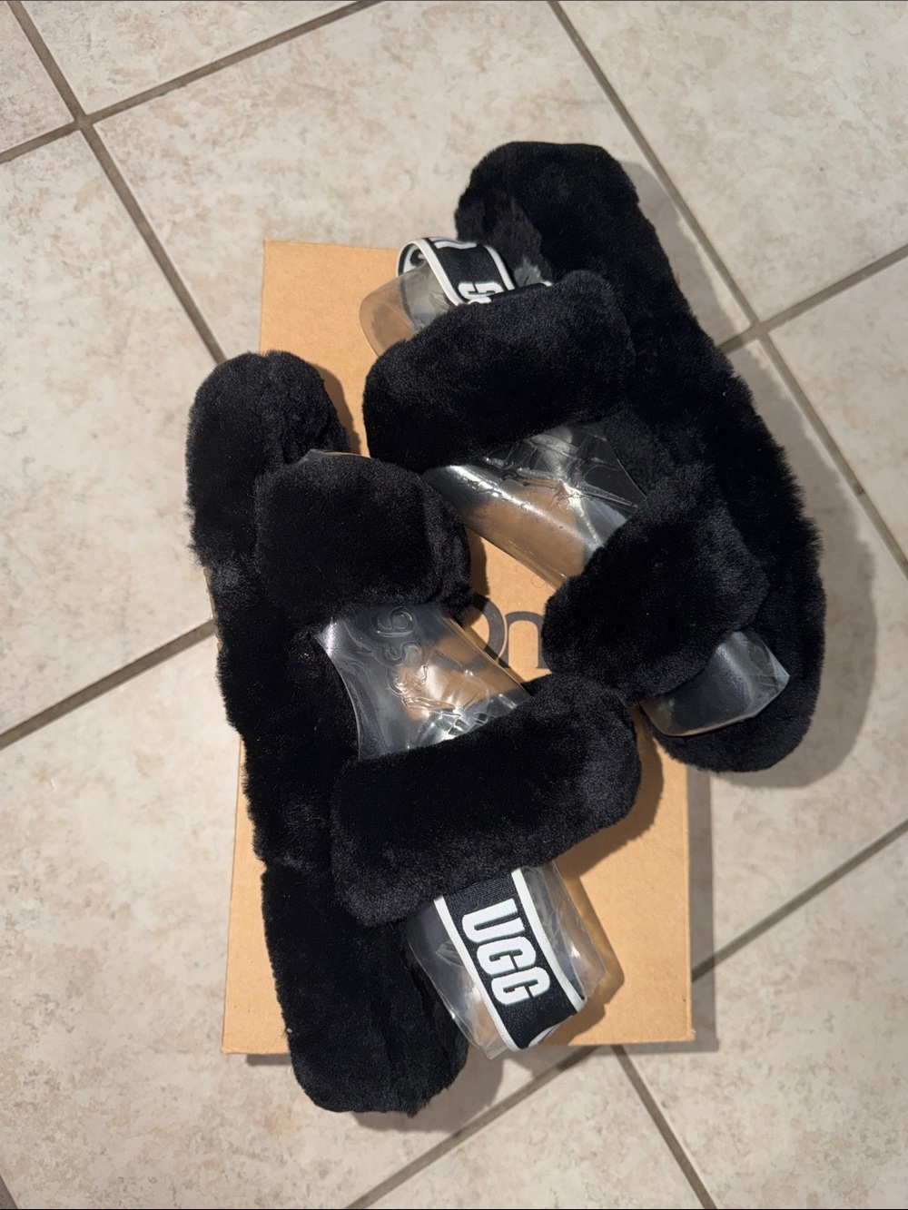 UGG Black Fuzz Slide Mules with Branded Heel Strap